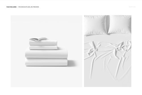 Minimalist bedding set mockup featuring neatly folded sheets and pillowcases beside a textured bedspread, top view.
