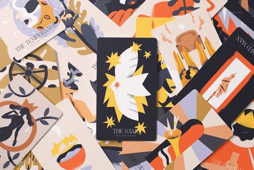 Top view of colorful tarot cards mockup bundle, featuring stylized designs and varied geometric shapes.