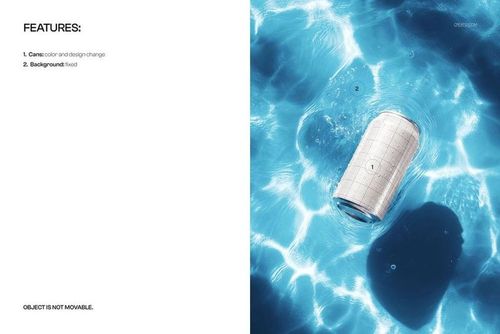 Soda can with a grid pattern floating in a clear blue swimming pool, shown from a top view in a mockup scene.