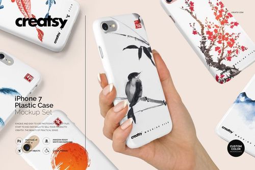 PSD mockup set showing iPhone 7 plastic cases with various nature-inspired artwork, displayed in a realistic scene.