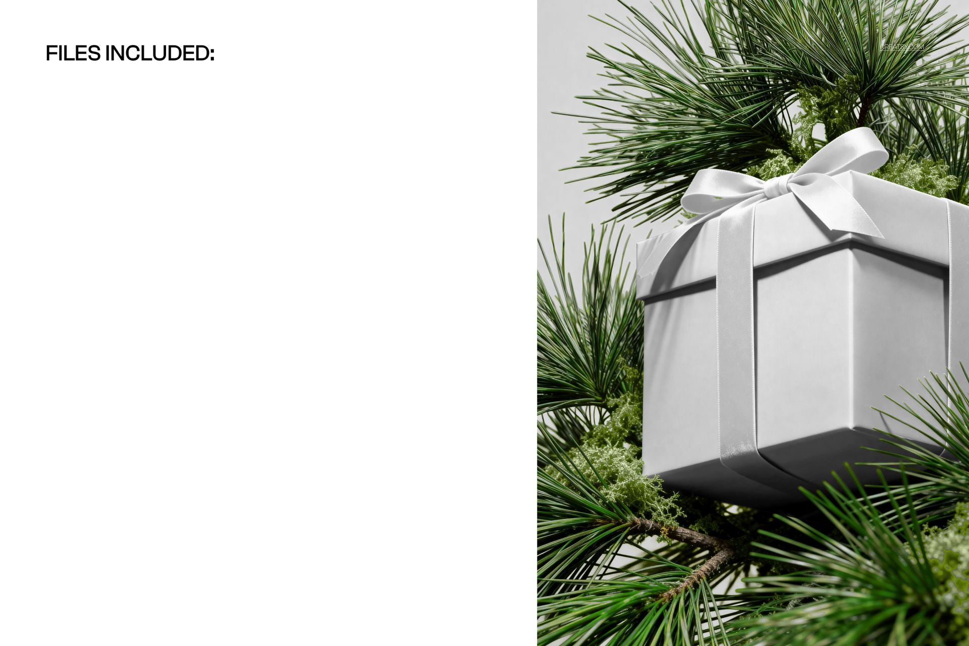 White Christmas gift box with satin bow hanging on green pine tree branches, front view, mockup scene.