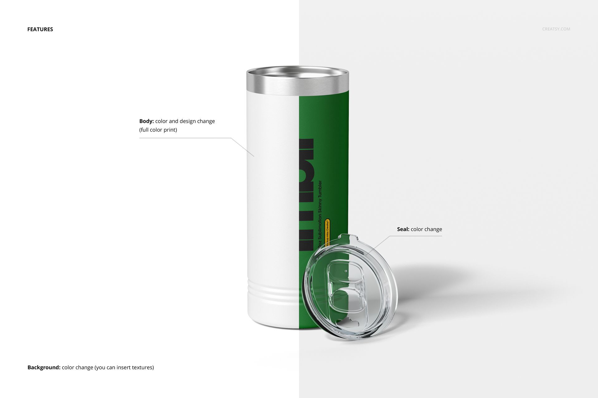 22oz skinny tumbler PSD mockup shown upright with a metallic rim, clear plastic lid, and split green-white background.