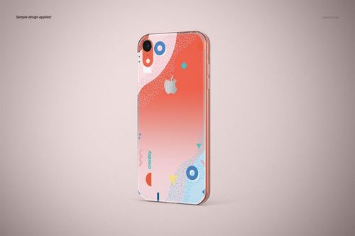 iPhone XR clear case mockup featuring a vibrant geometric design, displayed upright against a soft neutral backdrop.