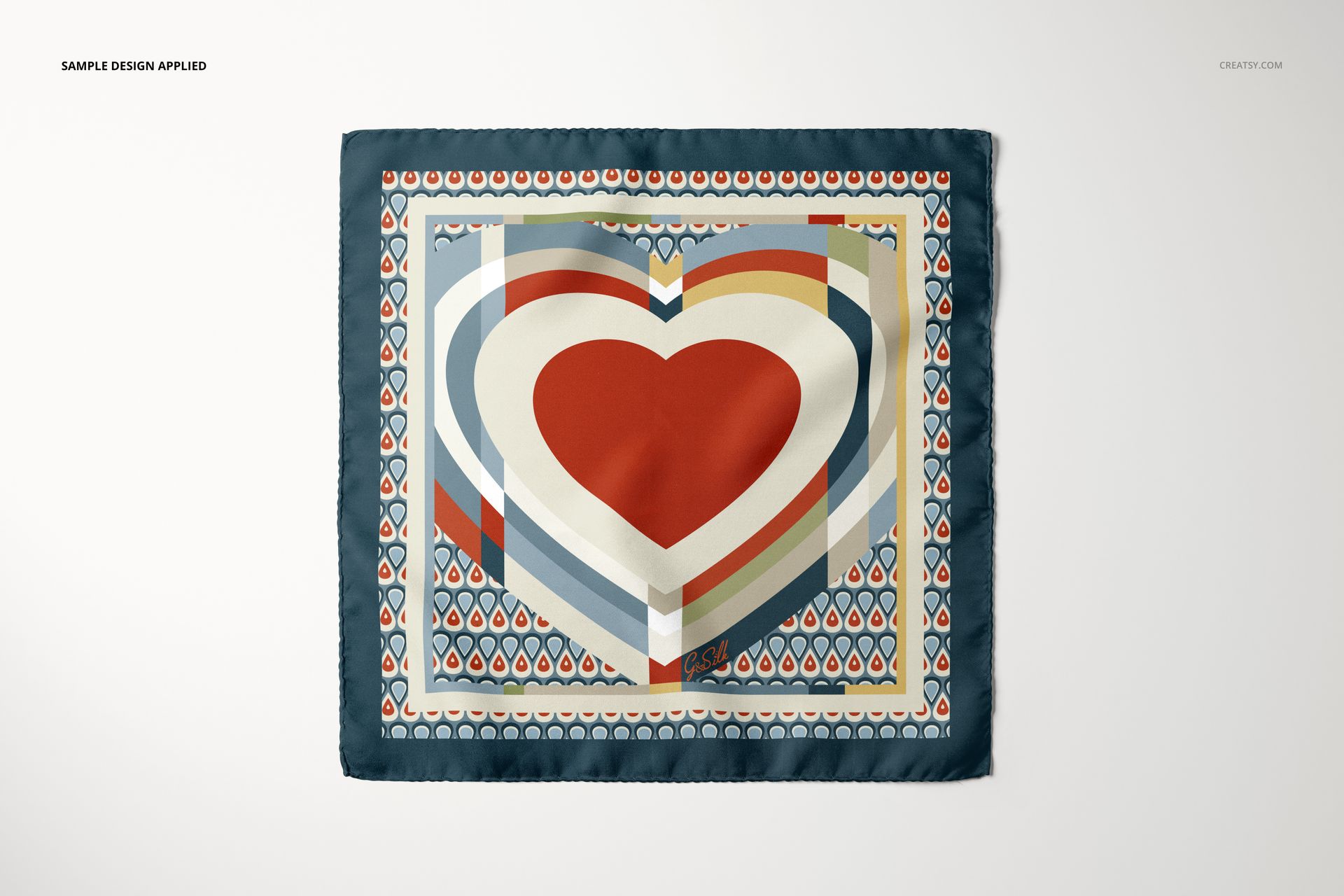 Fashion accessory mockup featuring a pocket square with multicolored heart and stripe design, displayed flat.