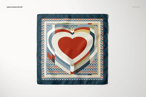 Fashion accessory mockup featuring a pocket square with multicolored heart and stripe design, displayed flat.