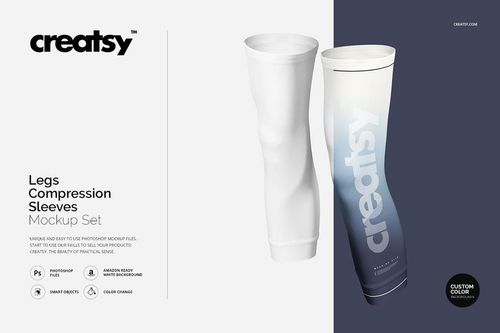 Mockup of legs compression sleeves showing a pair with one solid white and one blue gradient design, standing upright.