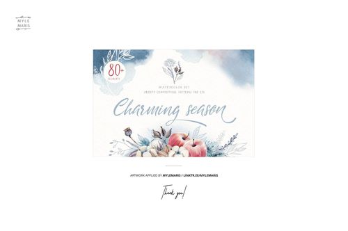 Front view of a folded fabric mockup featuring a watercolor design with pumpkins, leaves, and soft blue clouds.