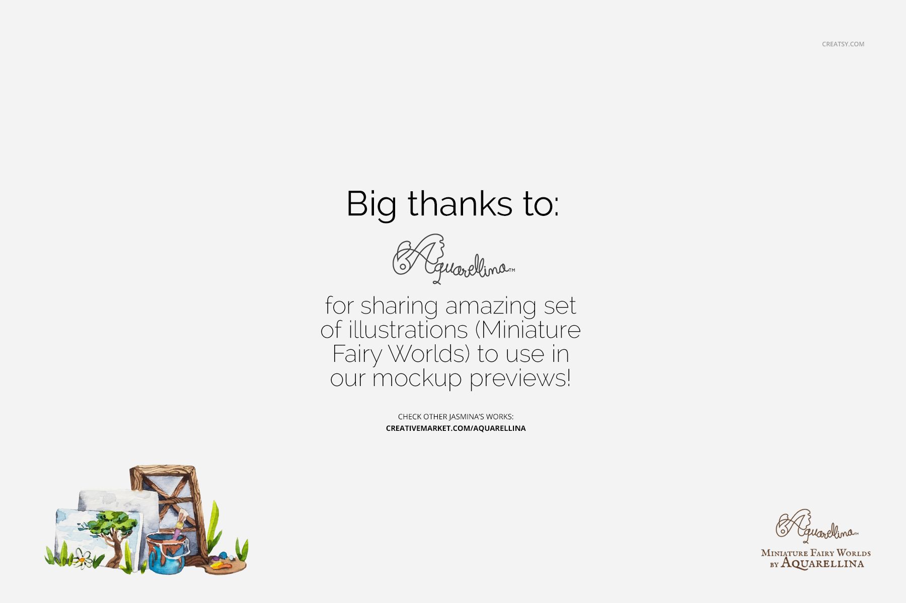 Acknowledgment graphic featuring thanks to Aquarellina for sharing illustration set, with small watercolor art props at the bottom.