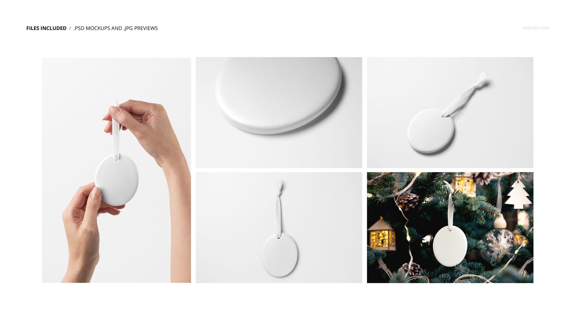 Oval-shaped white Christmas ornament mockup shown in various views, including close-ups and hanging on a festive tree.