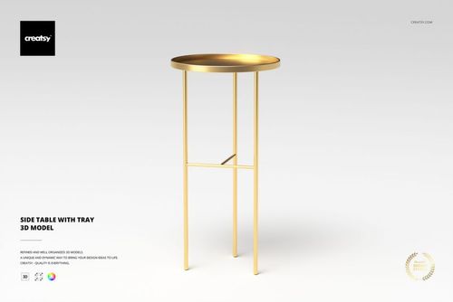 Minimalist gold side table with round tray top and slender legs, shown from a front angle on a light background.