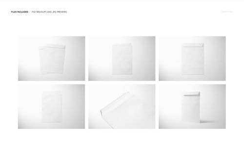 Set of six white envelopes displayed on a light background, shown from various angles and perspectives for mockup use.