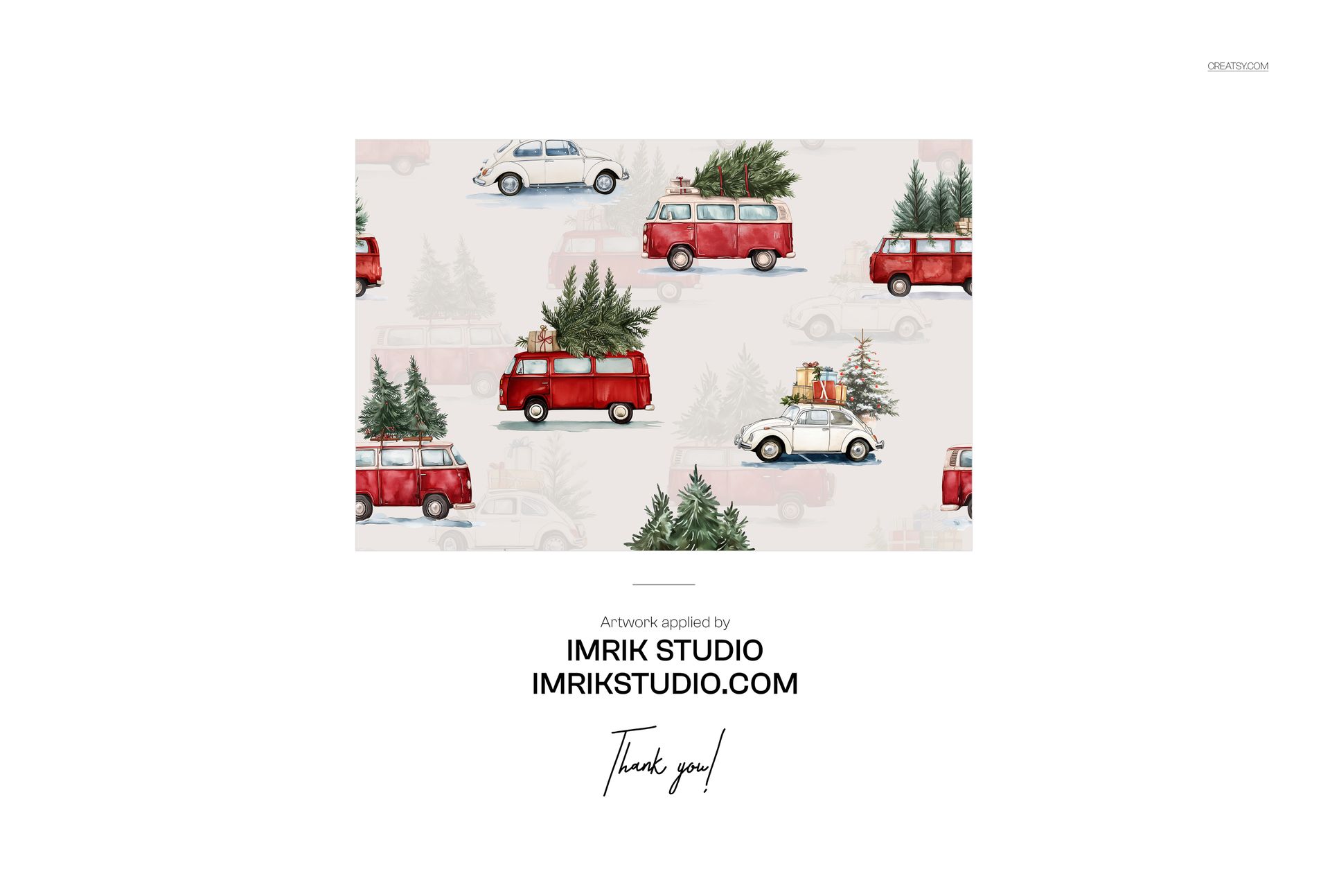 Christmas gift wrap mockup featuring cars and vans carrying Christmas trees and presents, shown from a front angle.