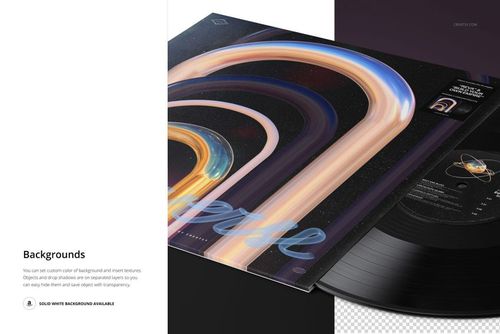 PSD mockup of a vinyl record and cover, displaying vibrant curved lines and cosmic-inspired artwork from a side perspective.