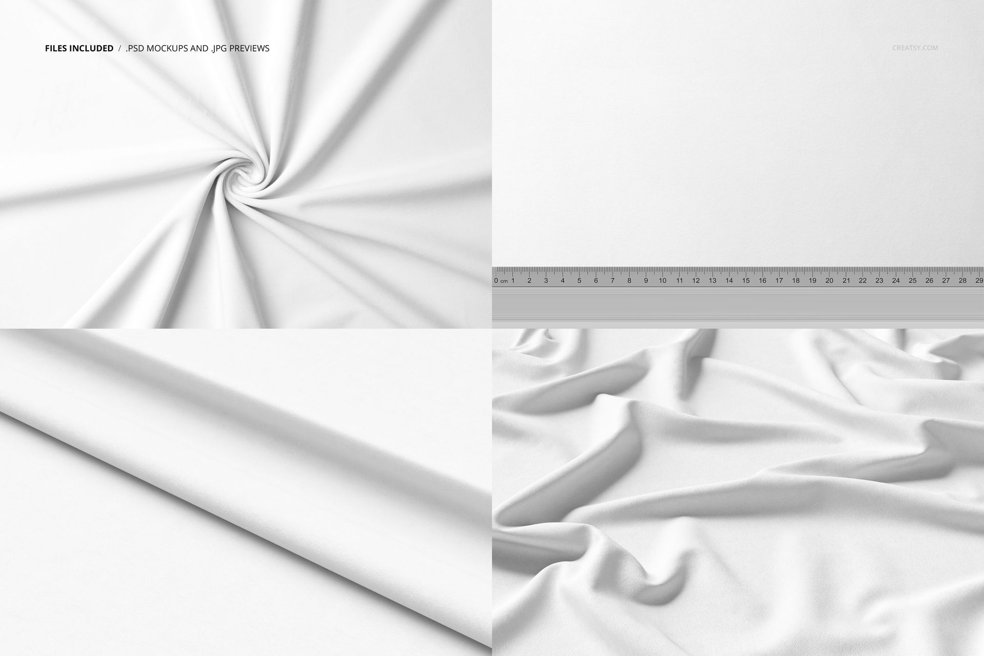 Polyester velvet fabric mockup set showing four views: twisted, flat with ruler, folded edge, and draped surface.