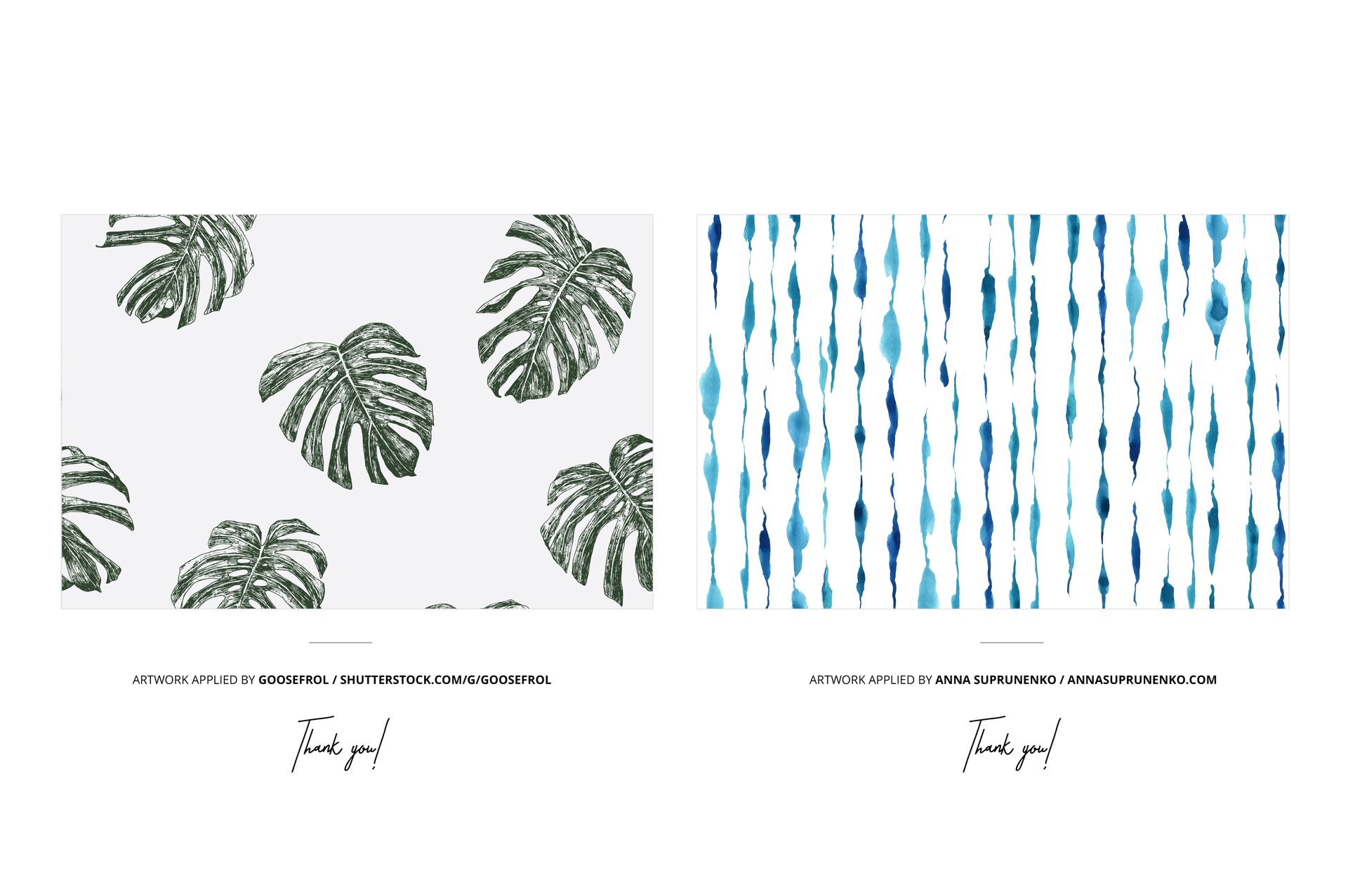 Front view of bedding set mockup featuring two designs: green monstera leaves and blue watercolor stripes on white.