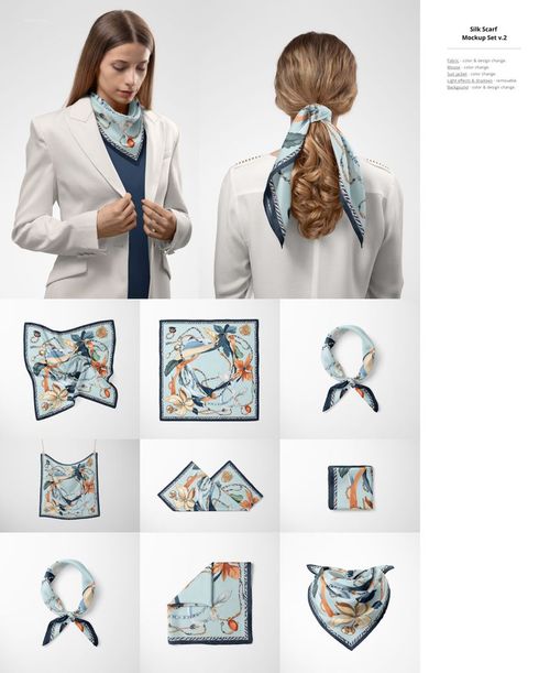 Fabric mockup bundle featuring a light blue silk scarf with floral and bird patterns, shown in various folded and tied arrangements.