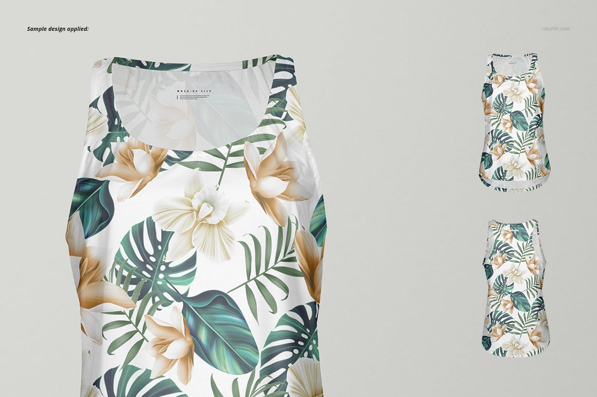 PSD mockup of a women's tank top displaying a botanical print with large leaves and flowers, shown from the front.