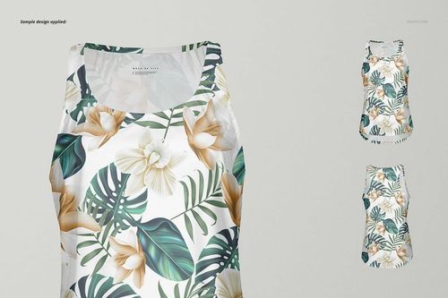 PSD mockup of a women's tank top displaying a botanical print with large leaves and flowers, shown from the front.