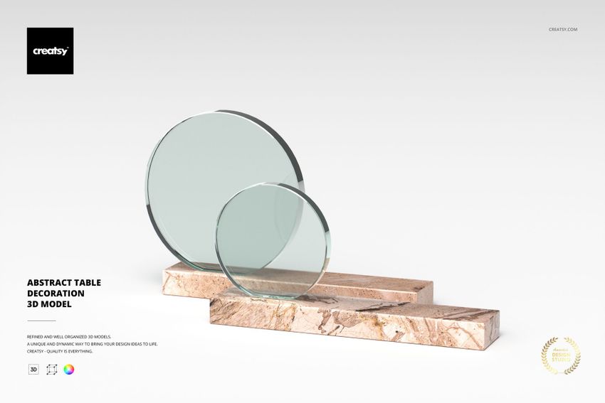 Abstract table decoration featuring two circular glass pieces mounted on rectangular marble bases, front view on white background.
