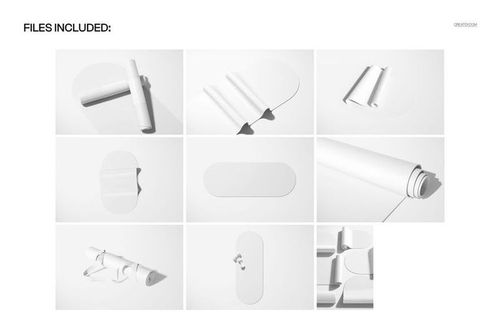 Oval yoga mat mockup set showing multiple white mats in various rolled and unrolled positions on a plain background.