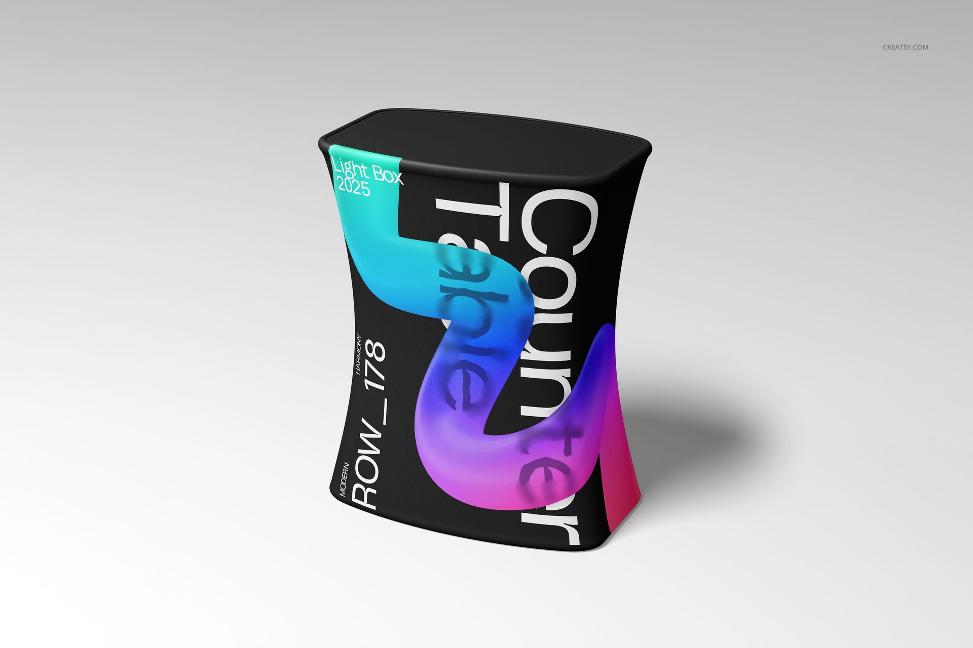 LED portable curved pop-up counter mockup featuring bold blue and pink design elements, front perspective.