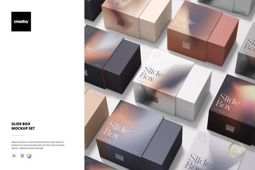 Assorted slide gift boxes in various muted tones and gradients, shown from an overhead perspective in a mockup set.