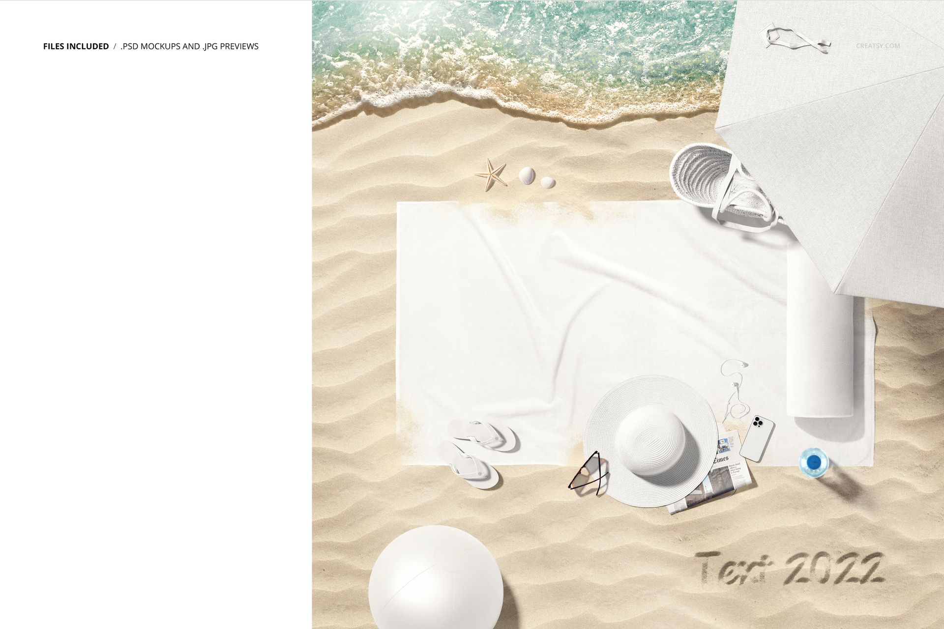 Beach towel mockup on sandy shore with white accessories, umbrella, and gentle waves, top view perspective.