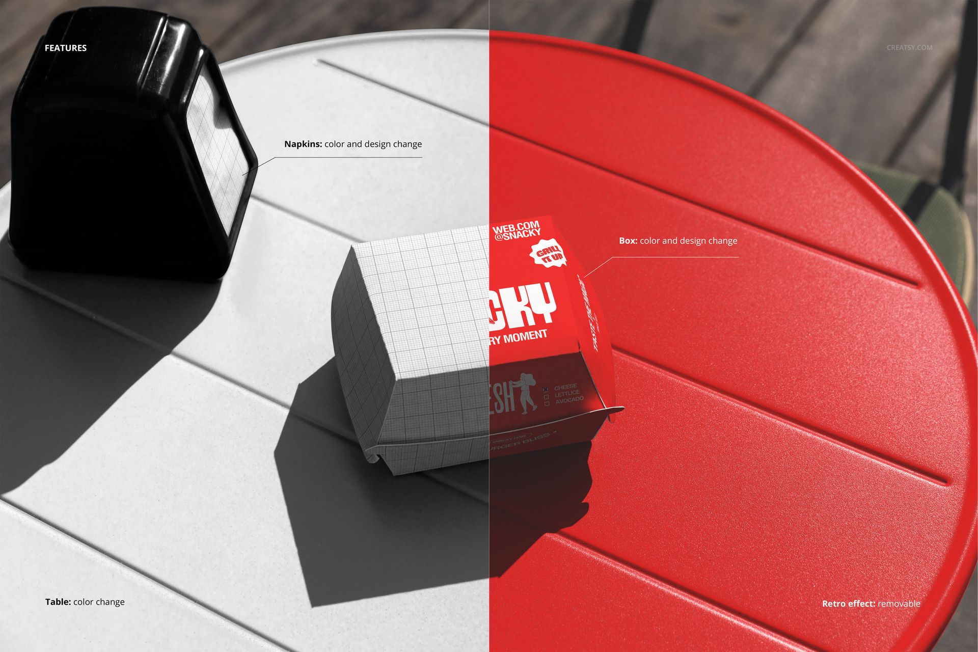 Round outdoor table with napkins holder and burger box mockup, showing color and design changes on the surface.