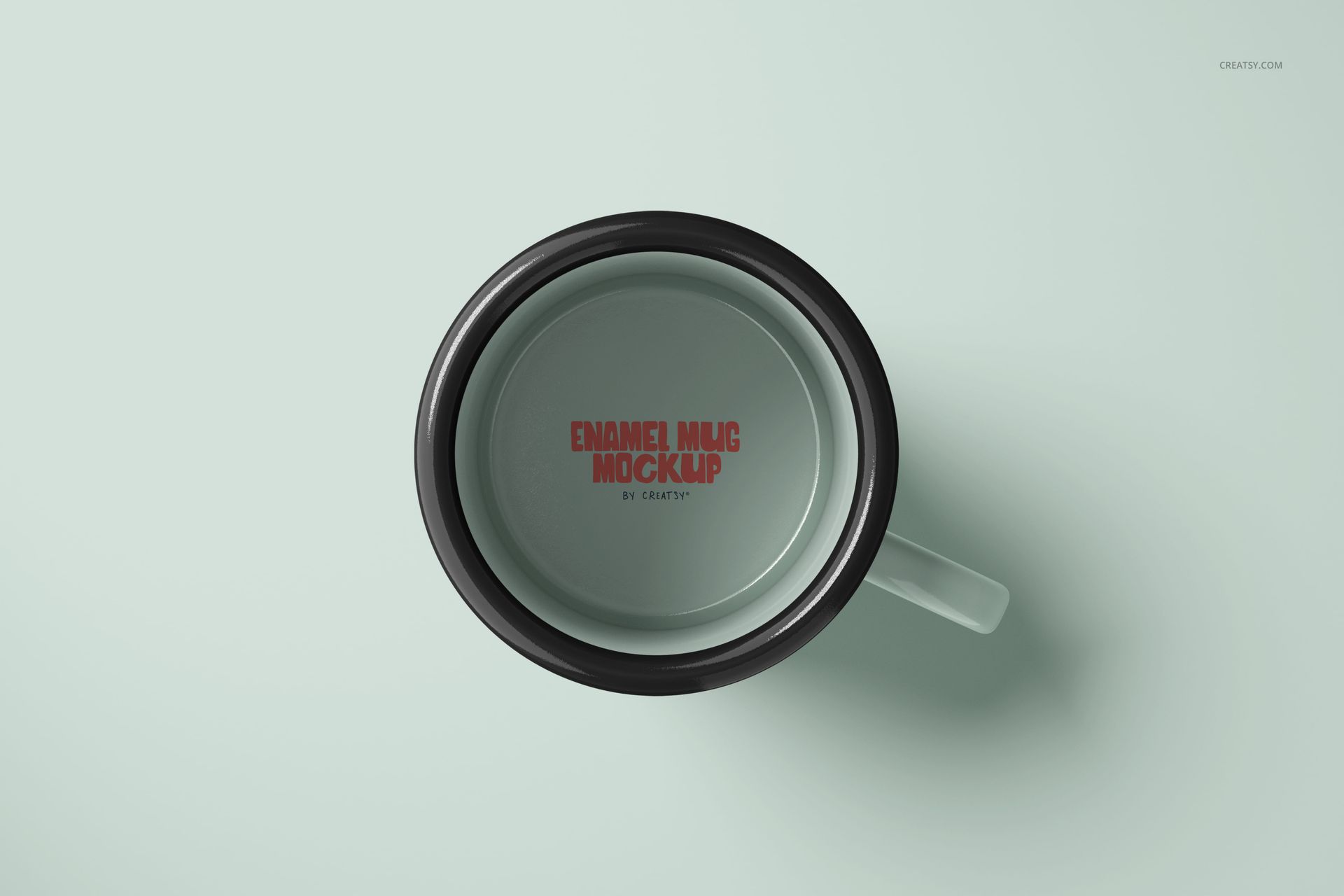 Enamel mug mockup in PSD format, displayed from above with a clean white surface and black edge detail.