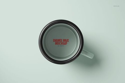 Enamel mug mockup in PSD format, displayed from above with a clean white surface and black edge detail.