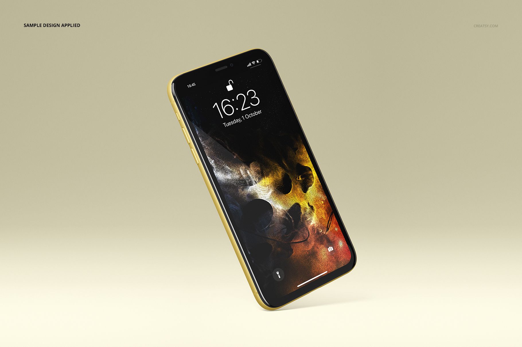 iPhone 11 PSD mockup in yellow, shown in mid-air with a dramatic artistic wallpaper and neutral background.