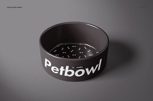PSD mockup of a round pet bowl, shown from a front perspective, with a bone pattern and prominent white text.