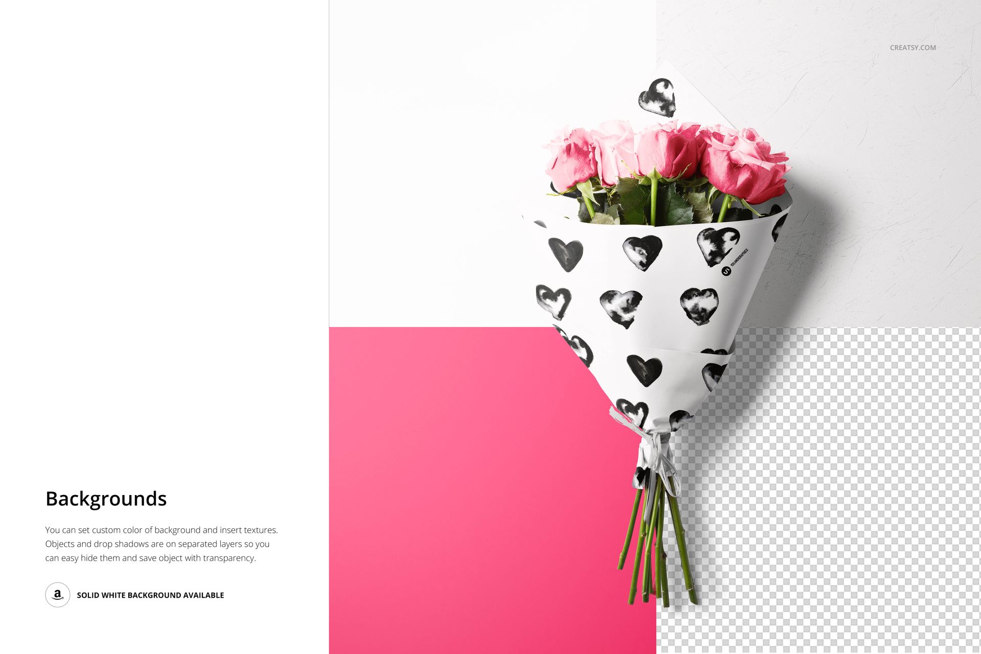 Pink roses in a heart-patterned wrapping paper, displayed on a multi-textured background for a packaging mockup.