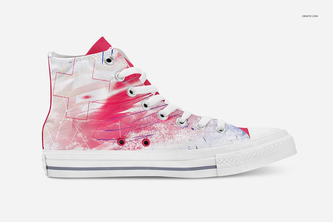 High-top sneaker mockup with white base, red accents, and abstract graphic details, shown in side view on white background.