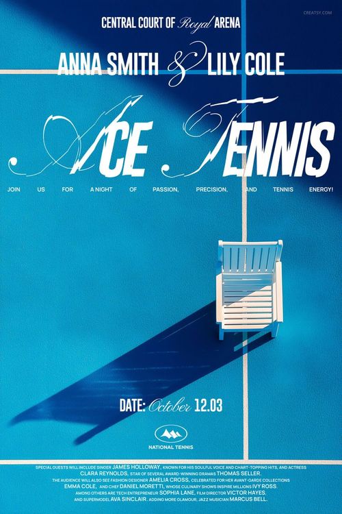 Poster mockup with a minimalist white chair and bold blue background, viewed from above with dramatic shadow effects.