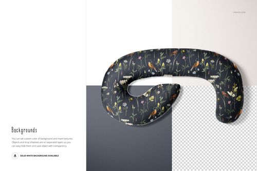 Front view of a U-shaped pregnancy pillow mockup with botanical print, displayed on white and transparent backgrounds.