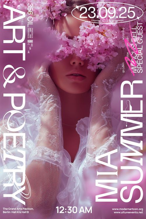 Front view of a poster mockup featuring pink floral accents, white text, and soft pastel overlays around legs.