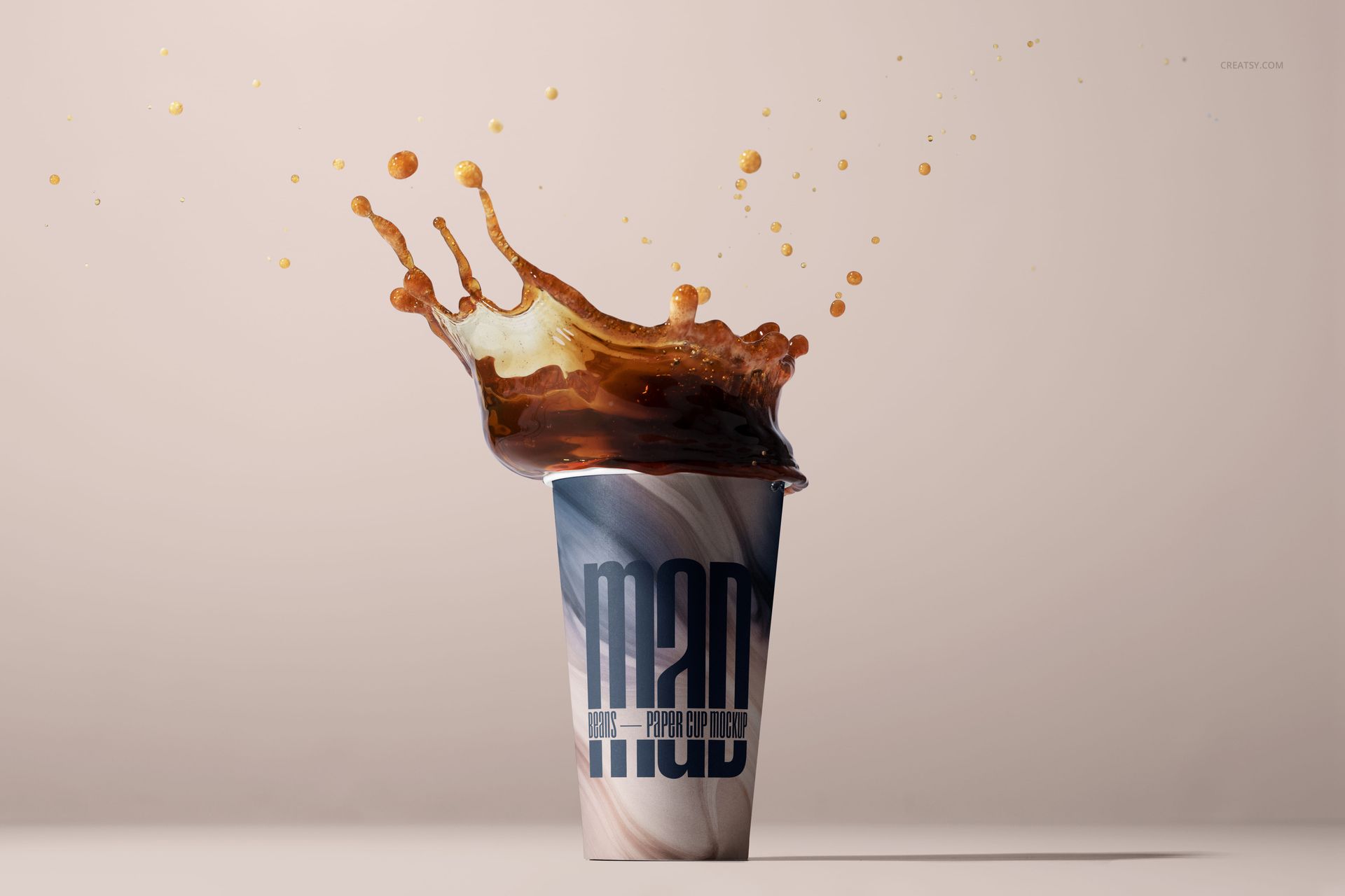 Paper cup mockup featuring a bold coffee splash, neutral studio backdrop, and swirling pattern on the cup surface.