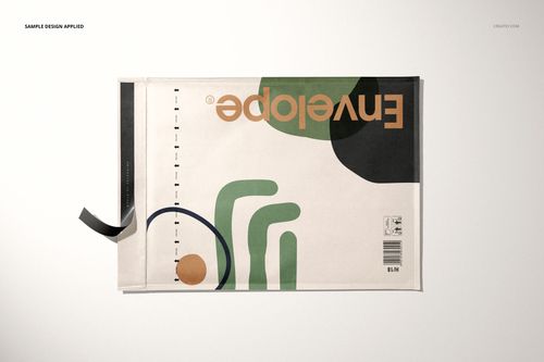 Top view of kraft bubble mailer mockup featuring geometric patterns in green, black, and tan on a neutral surface.