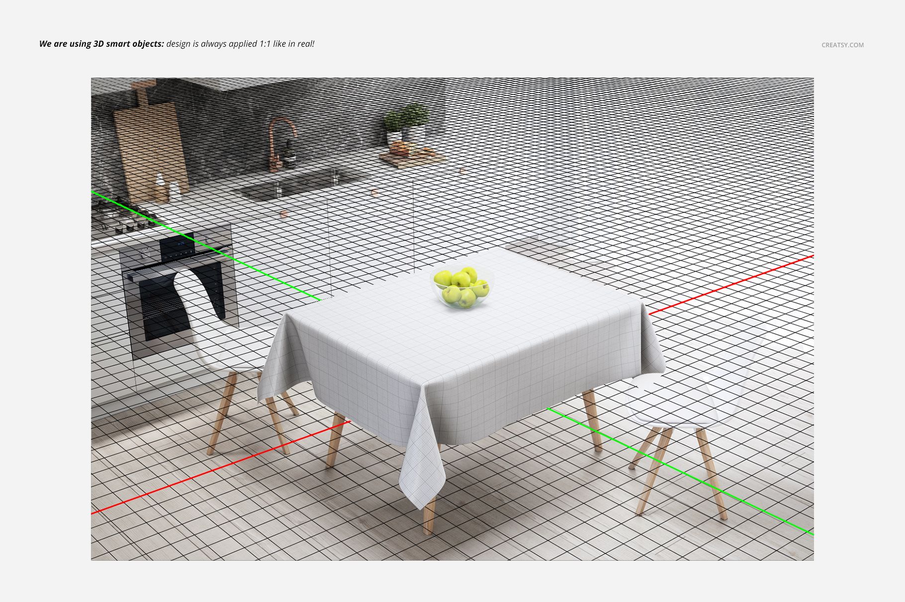 PSD mockup showing a rectangular table covered with a white grid tablecloth, set in a contemporary kitchen interior.
