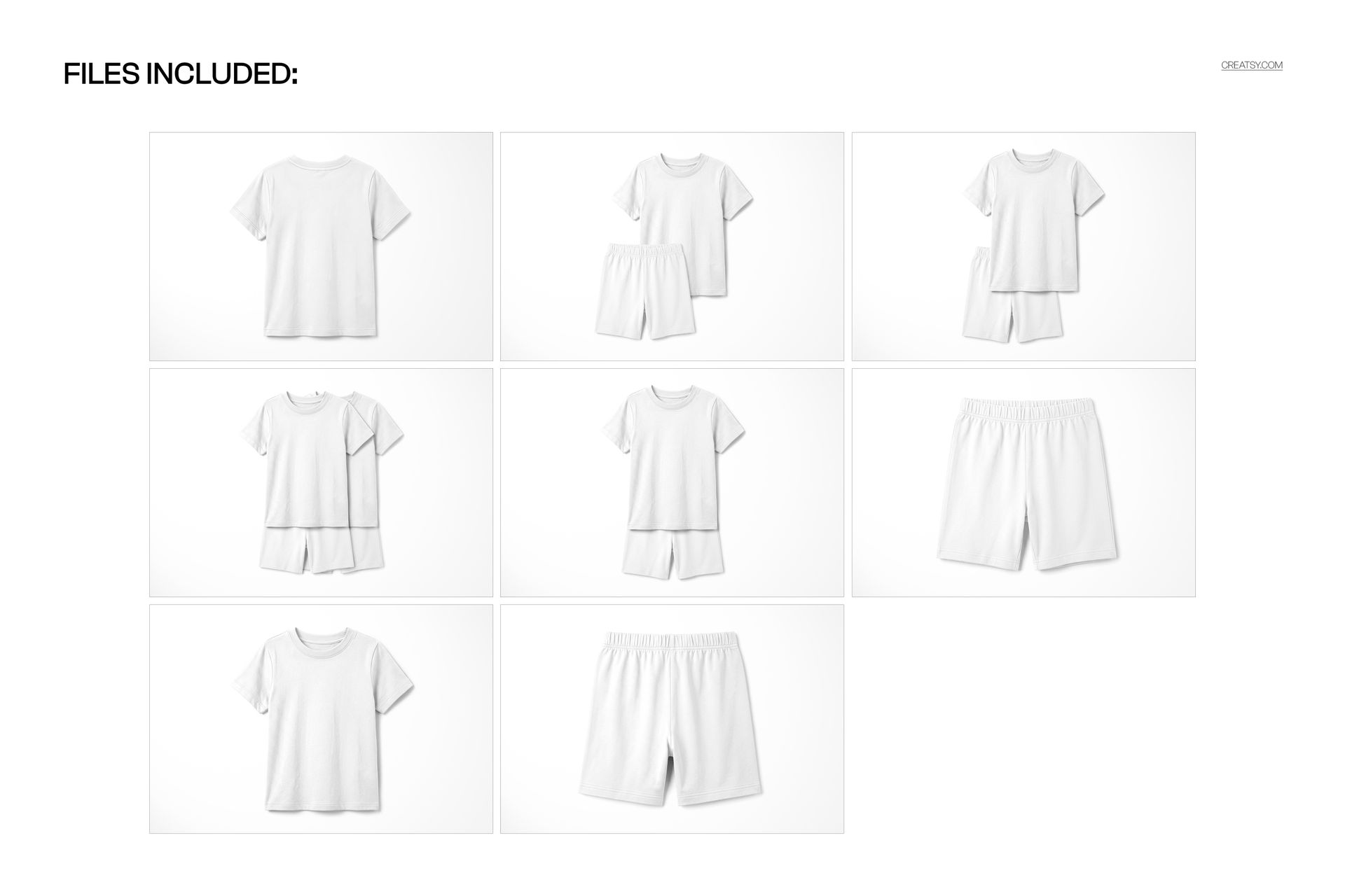 Set of kids short pyjamas mockup shown in multiple arrangements, including t-shirts and shorts, on a white background.