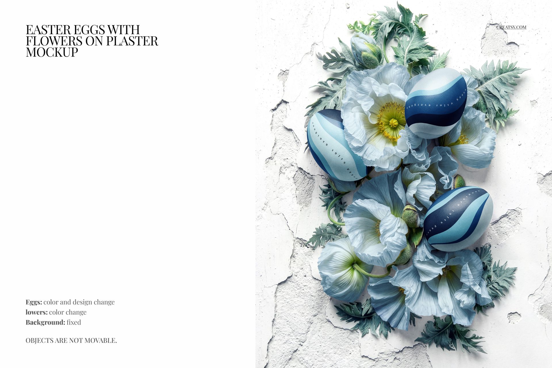PSD mockup featuring decorative Easter eggs with floral accents and foliage on a cracked white plaster background.
