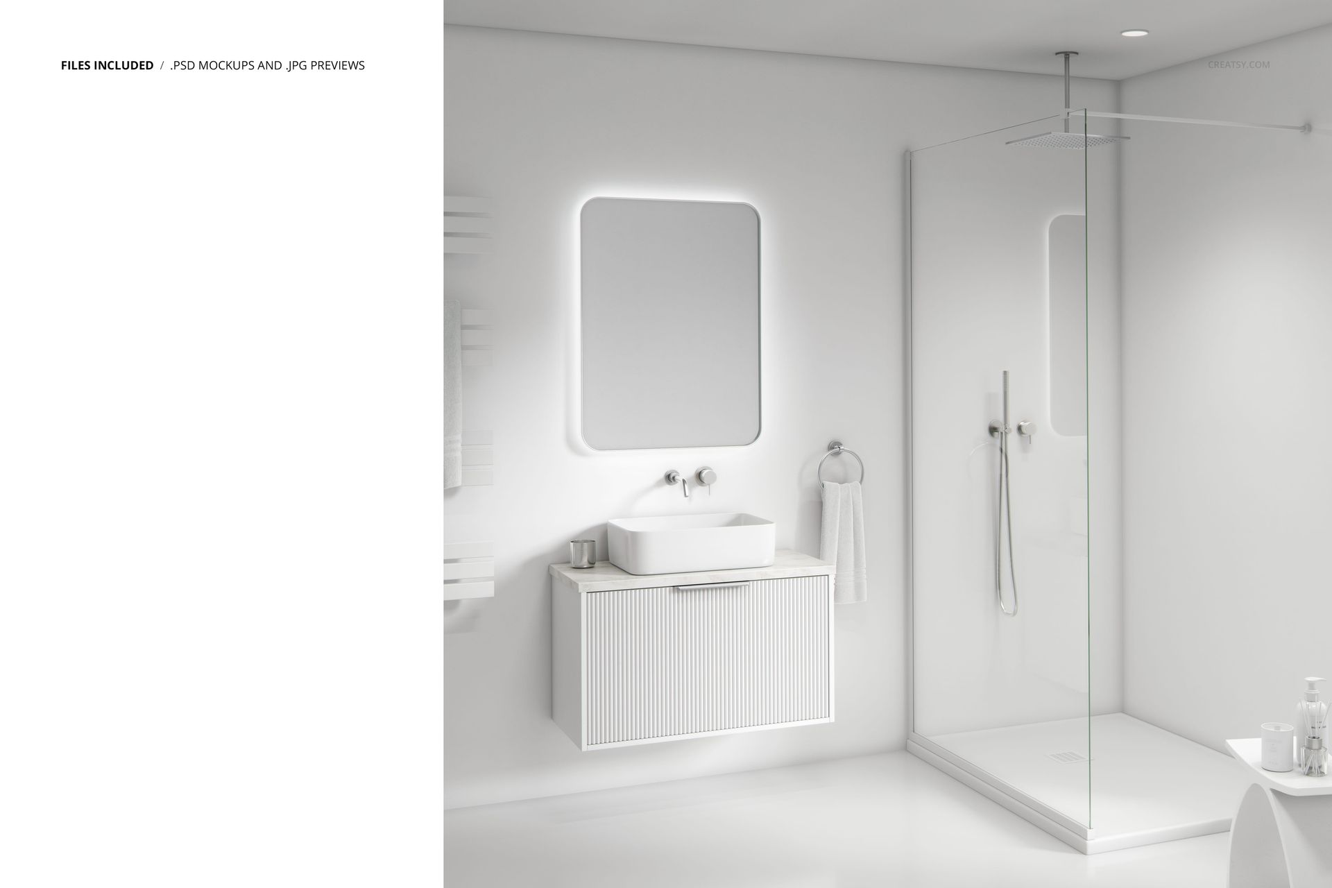 Minimalist bathroom mockup showing a sleek sink cabinet, glowing mirror, and spacious glass shower in a bright setting.