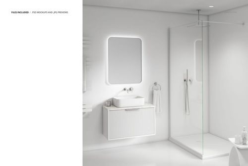 Minimalist bathroom mockup showing a sleek sink cabinet, glowing mirror, and spacious glass shower in a bright setting.