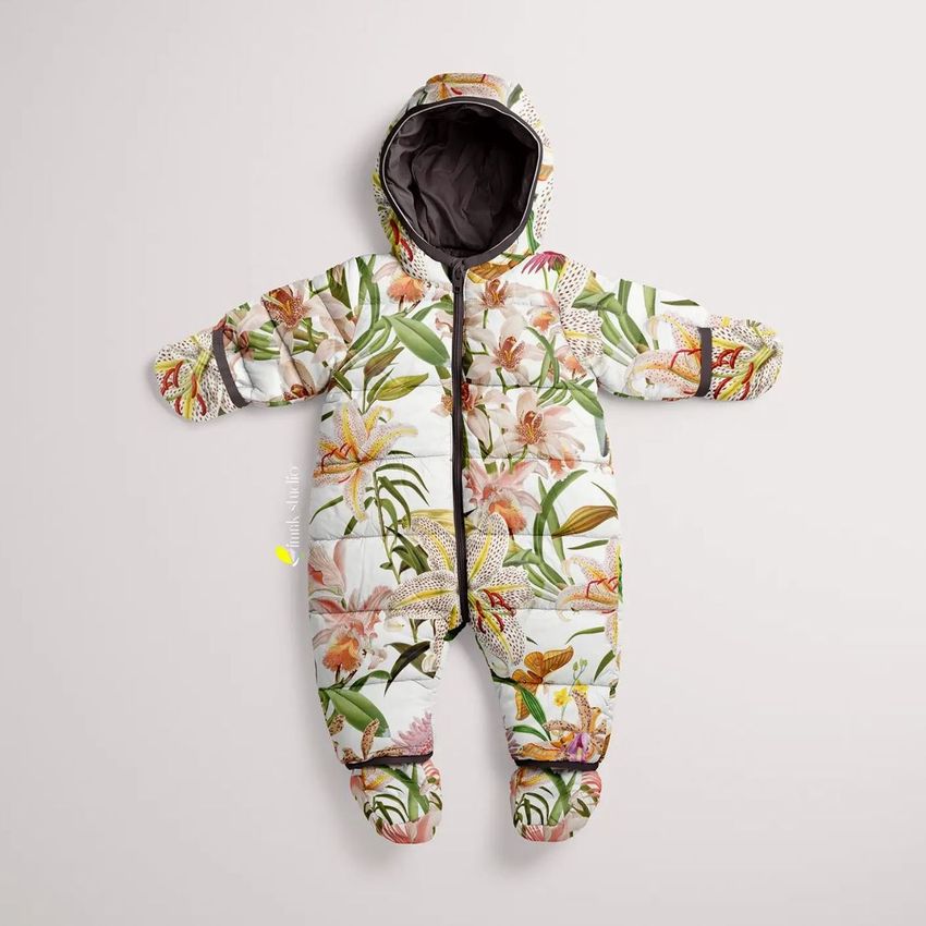 Baby snowsuit mockup featuring a floral pattern with green leaves and pink flowers, displayed flat on a light background.