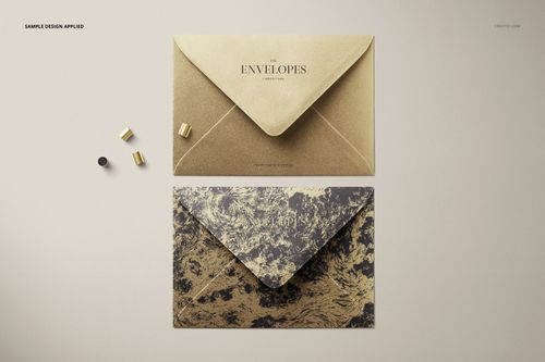 C6 envelope mockup set showing a gold envelope and a patterned envelope side by side on a neutral background.