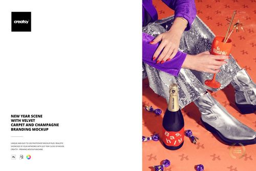 New Year themed PSD mockup featuring a velvet carpet, silver boots, champagne bottle, and scattered candy.