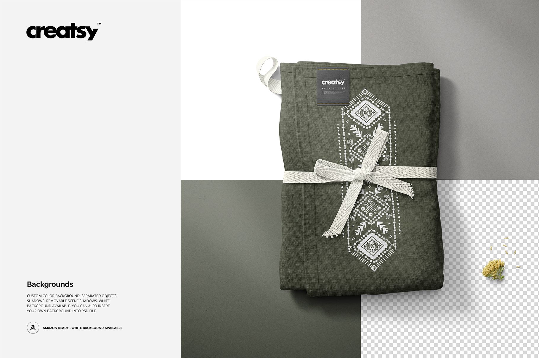 Kitchen towel mockup set with a decorative motif, presented in a top view against a contrasting background.