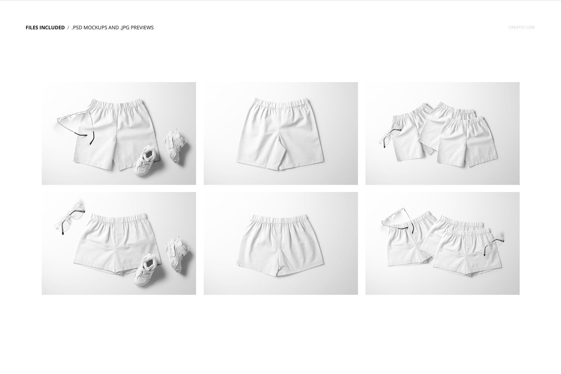 Set of white baby and kids shorts mockups displayed from various angles on a plain background with shoes and accessories.