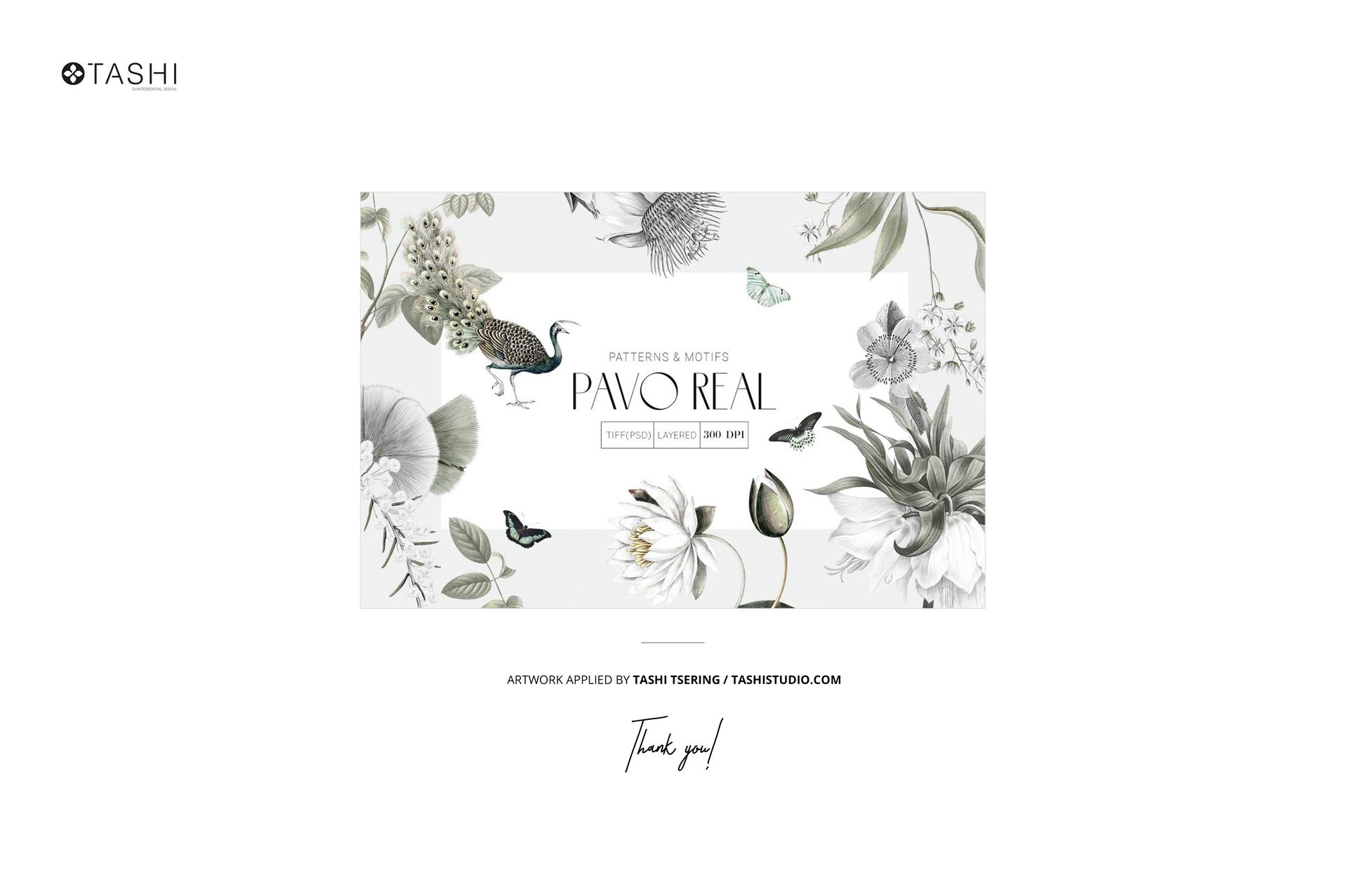 Front view of hanging fabric with botanical and peacock illustrations, displayed in a neutral setting on a mockup.